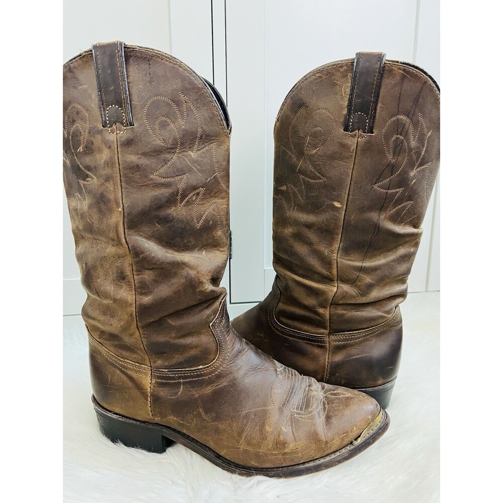 Durango Vintage Brown Leather Western Cowboy Slouch Boot Mens Size 10 Gold Toe